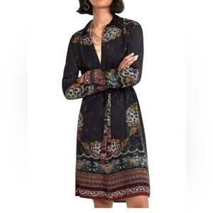 Desigual Suam Boho Floral Long Sleeve Button Front Shirt Dress Small Black Multi